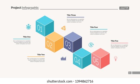 Five cubes process chart slide template. Business data. Stage, point, design. Creative concept for infographic, presentation. Can be used for topics like management, finance, teamwork.