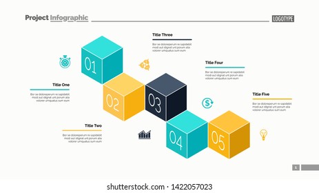 Five cubes process chart slide template. Business data. Stage, point, design. Creative concept for infographic, presentation. Can be used for topics like management, finance, teamwork.