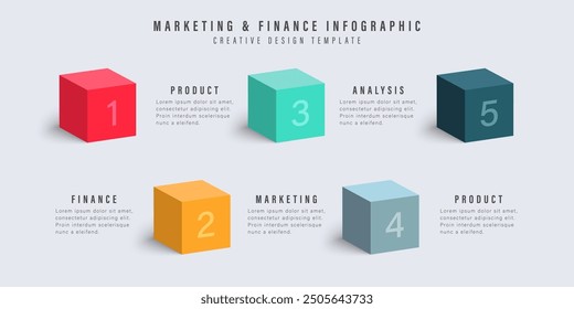 Plantilla de diapositivas de gráfico de proceso de cinco cubos. Plantilla de Vector de infografía