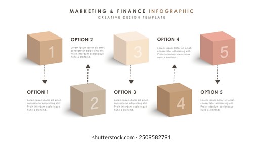 Modelo de slide de gráfico de processo de cinco cubos. Modelo de vetor infográfico com cubos 3D bege