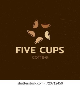 Five cup logo design template. Graphic cafe and bakery logotype, sign and symbol. Modern coffee tea maker badge in circle. Colorful flying drink mug illustration isolated on background