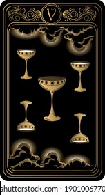 Five of cups. Card of Minor arcana black and gold tarot cards. Tarot deck. Vector hand drawn illustration with occult, mystical and esoteric symbols.