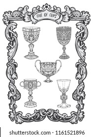 Five of cups. Minor Arcana tarot card. The Magic Gate deck. Fantasy engraved vector illustration with occult mysterious symbols and esoteric concept