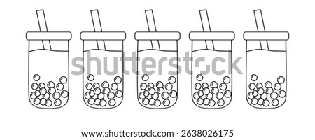 Five cups of refreshing bubble tea showing tapioca pearls and straws, outline for coloring book