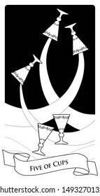 Five of cups. Tarot cards. Three golden cups spilling its contents over a sea or river and two golden cups floating over the waves.