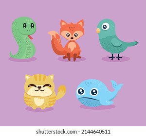 five cute animals characters group