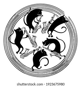 Five cute black cats are playing saxophones. Cartoon composition in a circle. Perfect for design templates, wallpaper, wrapping, fabric and textile. 