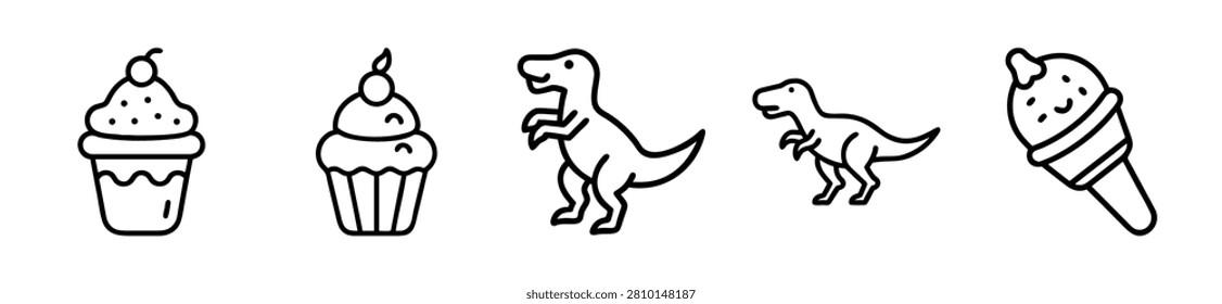 Five cute black and white linear icons depicting delicious sweet cupcakes, friendly dinosaurs, and a happy smiling ice cream cone