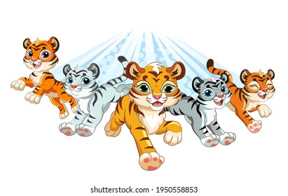 Five cute brave tigers running forward. Cartoon characters. Vector illustration. For print and design, posters, nursery design, cards, stickers, room decor,party,t-shirt, kids apparel and invitation