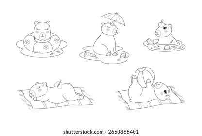 Five cute capybaras on the beach. Clip art for your projects.