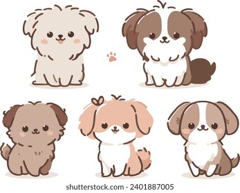 Five cute cartoon dogs in various poses. Adorable puppy collection with different expressions. Pet care and animal love vector illustration.