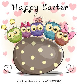 Five cute cartoon owls are sitting on an egg