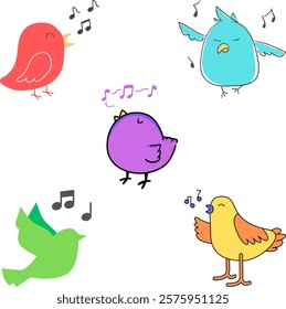 Five cute colorful cartoon birds singing. 