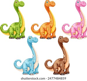 Five cute, colorful cartoon dinosaurs standing together