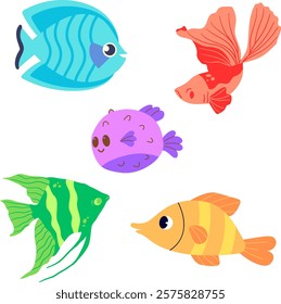 Five cute colorful cartoon fishes.