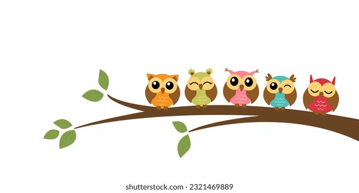 Five cute colorful vector owls are sitting in a row on a tree branch. Wall decor, wall art sticker, banner, home decoration