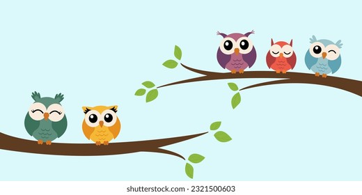 Five cute colorful vector owls are sitting on a tree branch. Wall decor, wall art sticker, banner, home decoration