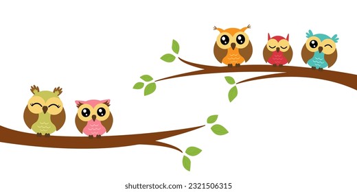  Five cute colorful vector owls are sitting on a tree branch. Wall decor, wall art sticker, banner, home decoration