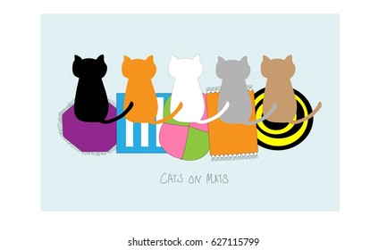 Five cute different coloured cats sitting in a row on brightly coloured mats - cartoon vector