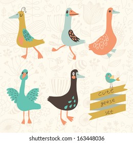 Five cute geese in vector set. Cartoon geese in childish style. Funny birds of floral wallpaper in vector