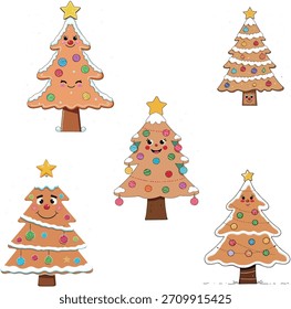 Cinco lindos árboles de Navidad de jengibre decorados con adornos coloridos y rematados con estrellas, perfectos para la alegría de las vacaciones.
