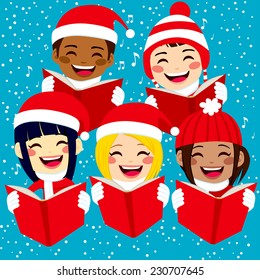 Five cute happy children singing Christmas carols with snowflakes and notes on background