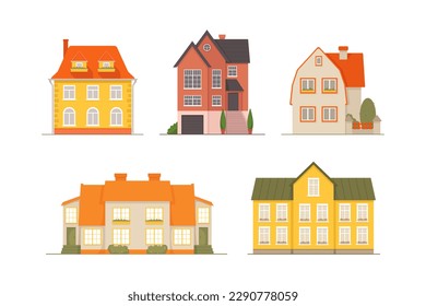 Five cute house with tiled roof and multicolored facades. Large windows decorated with flowers. High porch with steps. Suburban real estate, housing, rent. Vector illustration in flat cartoon style