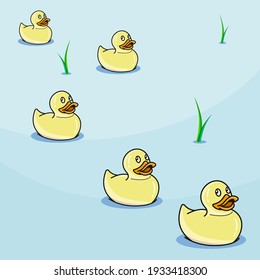 five cute light yellow rubber ducks in pond on blue background, vector illustration