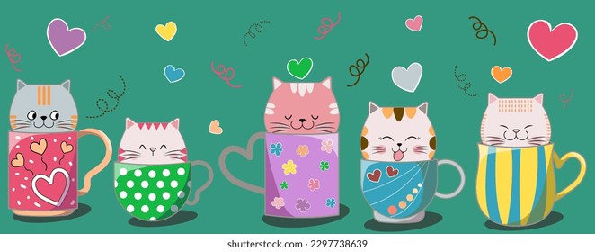 Five cute little cats in colorful coffee mugs on a mint green background. graphic drawing, illustration.