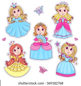 Five cute little princesses. Set of cartoon vector stickers for children. Isolated on white.