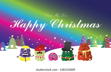 Five cute monsters stand on the snow. This picture can be used for christmas card.