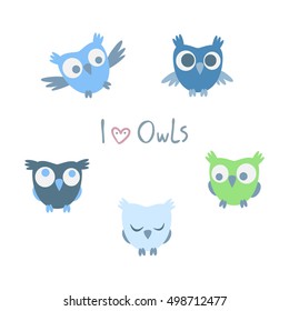 Five cute owls set. Funny flat owls. Set of flat little owls. 