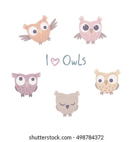Five cute owls set. Funny flat owls. Set of flat little owls.