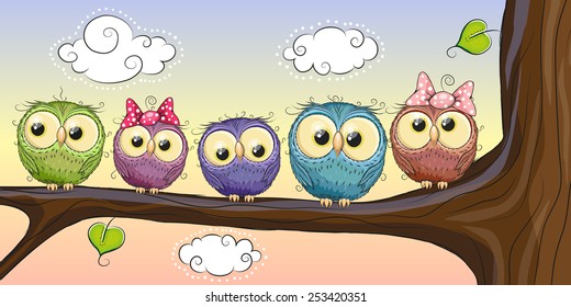 Five Cute Owls is sitting on a brunch 