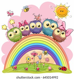 Five Cute Owls is sitting on a rainbow