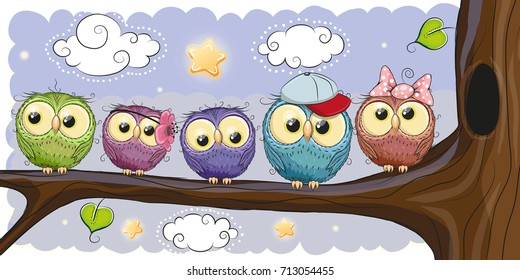 Five Cute Owls is sitting on a brunch