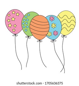 five cute party celebration balloons in multi colors outlined decorated with stars, flowers, dots and stripes. vector EPS10 illustration, kids cartoon style