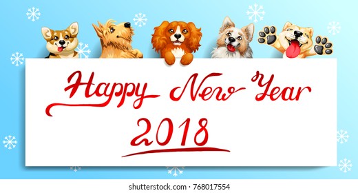The five cute red and yellow dogs of different breeds and a white banner or a poster and inscription of Happy New year 2018. A vector illustration in cartoon style on blue.