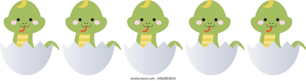 Five cute snakes peeking out of their eggshells and smiling