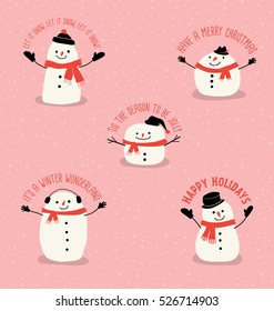 five cute snowmen with holiday greetings in simple flat style 