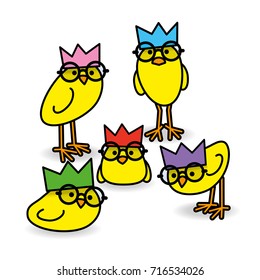 Five Cute Staring Yellow Chicks Wearing Party Hats and Black Round Frame Glasses on White Background