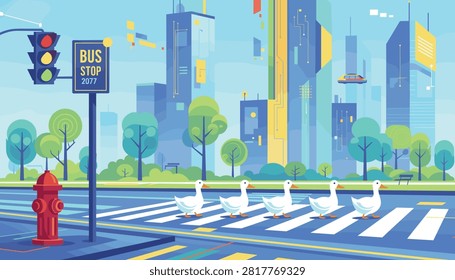 Five cute white ducks walk in a row across a pedestrian crosswalk in a futuristic modern city with tall blue skyscrapers.