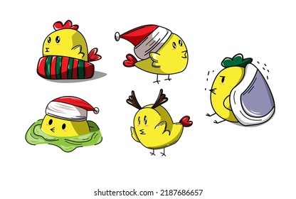Five Cute Yellow Chicks wearing Santa Hats on White Background