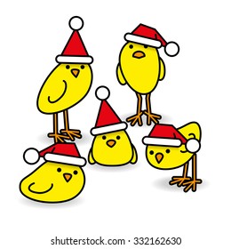 Five Cute Yellow Chicks wearing Santa Hats Staring towards camera on White Background