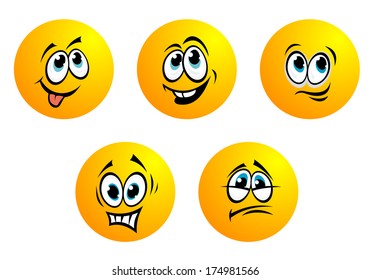 Five cute yellow round vector emoticons with blue eyes showing a range of expressions including fear, disappointment, bashful, smiling and toothy laughter