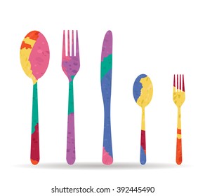 five cutlery drawn painted icon vector