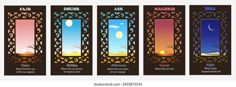 Five daily prayers for Muslims and their assigned times of day. Vector illustration