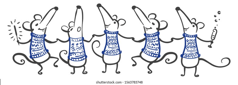 Five dancing cute mice or rats in blue sweaters who have fun celebrating Chinese New Year 2020. Vector hand drawing illustration for postcard or banner