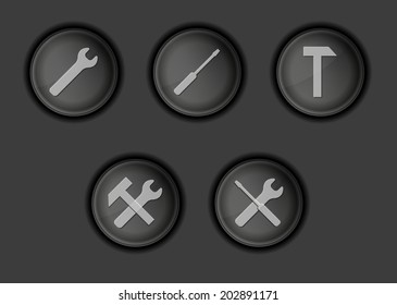 five dark buttons with tools silhouette, vector