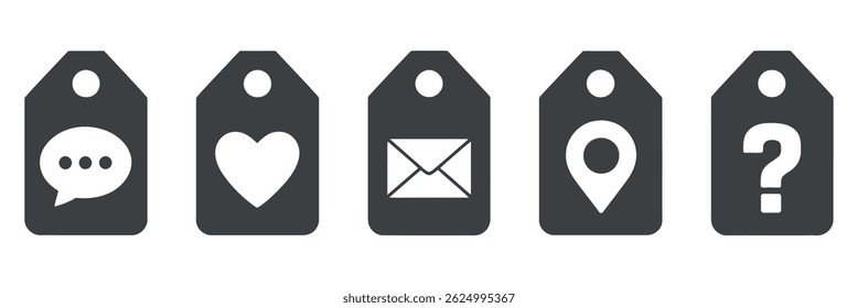 Cinco etiquetas de color gris oscuro con varios iconos blancos: burbujas de chat, corazón, correo electrónico, pin de ubicación y signo de interrogación. Diseño sencillo y moderno.